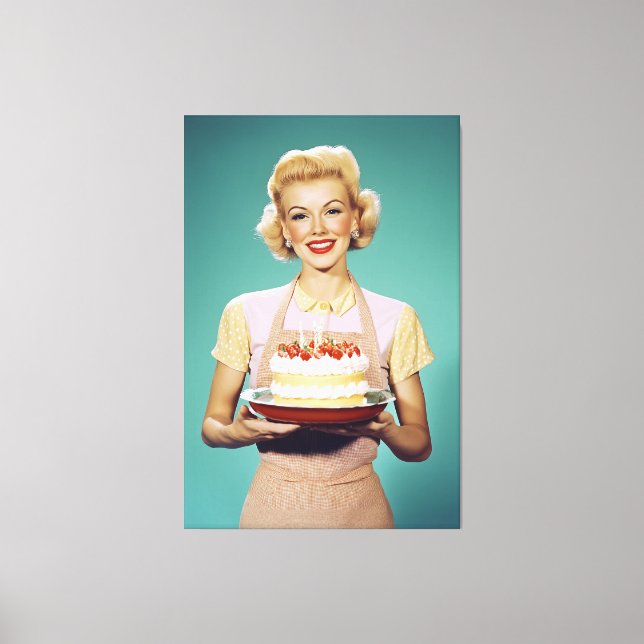 Lienzo Mamá retro sostiene un pastel de celebración (Anverso)