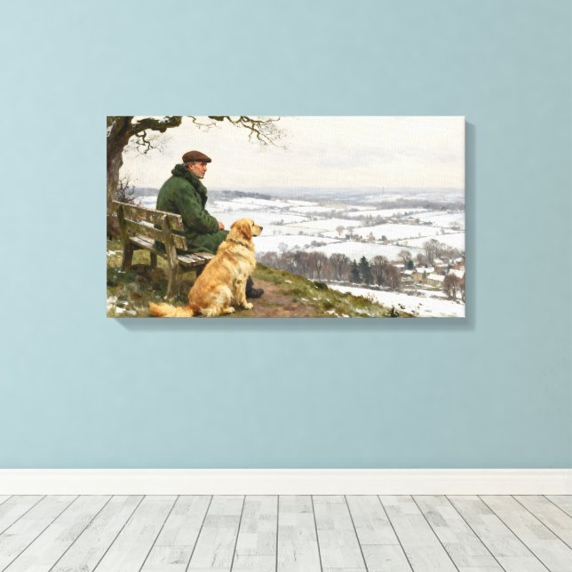Lienzo Man and Dog Enjoying Winter Countryside Vista (Insitu (piso de madera))