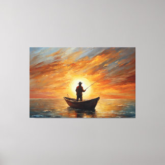Lienzo Man fishing inside the boat with a sunset