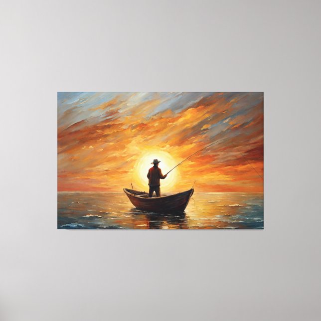Lienzo Man fishing inside the boat with a sunset (Anverso)