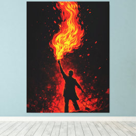 Lienzo Man Holding Massive Fire Torch Dramatic Silhouette