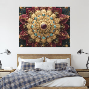 Lienzo Mandala Ornata de Turquesa, Borgoña y Dorado con J