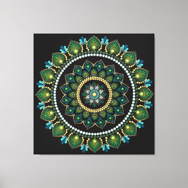 Lienzo Mandala verde | Pintado a mano | Geometría sagrada (Anverso)