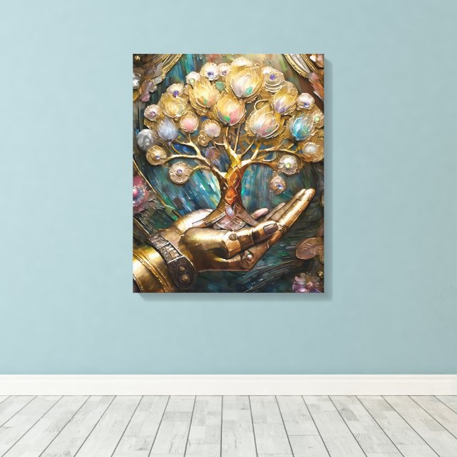 Lienzo Mano De Robot Dorado Con Árbol De Oro De Vida (Insitu (piso de madera))