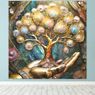 Lienzo Mano De Robot Dorado Sosteniendo Árbol De Vida Dor