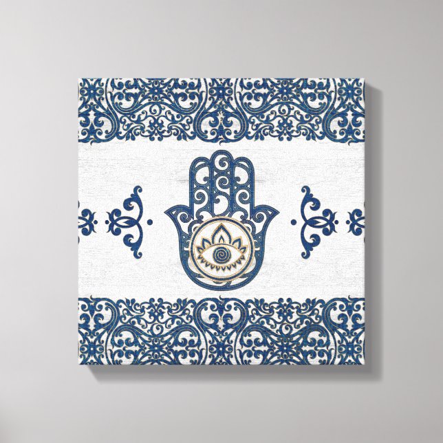 Lienzo Mano Hamsa - Mano de madera azul Fátima (Anverso)