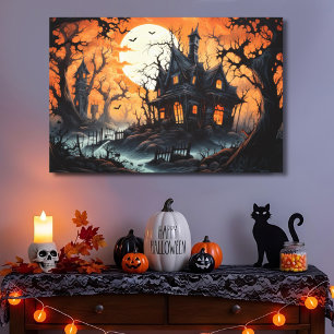 Lienzo Mansión Embrujada de Halloween al Anochecer Ámbar