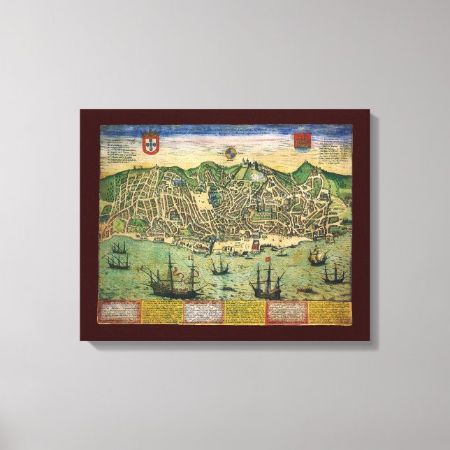 Lienzo Mapa antiguo de Lisboa, Portugal, por Braun/Hogenb (Anverso)