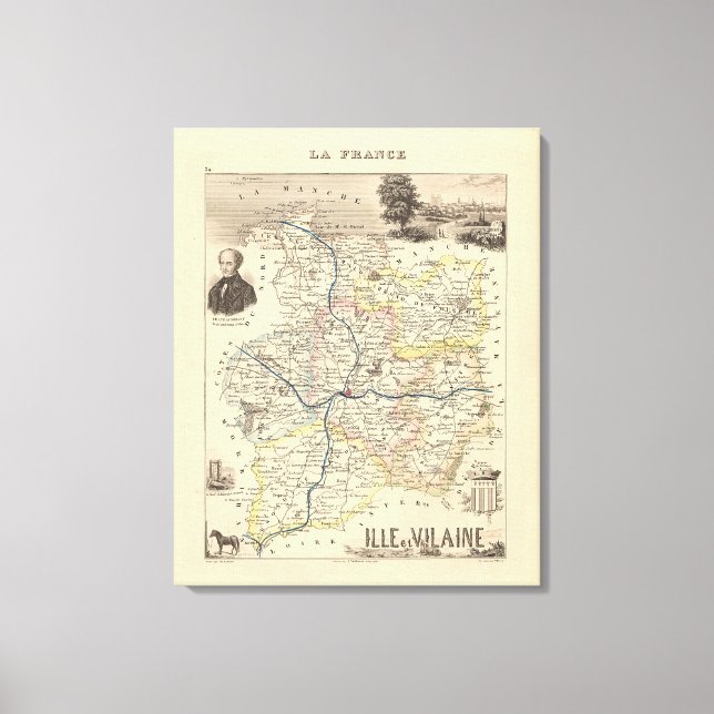 Lienzo Mapa de 1858 del departamento de Ille et Vilaine,  (Anverso)