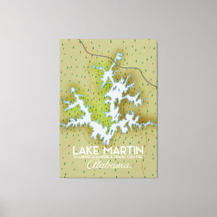 Lienzo Mapa de afiches del viaje del lago Martin Alabama.