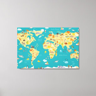 Lienzo Mapa de animales infantiles del mundo