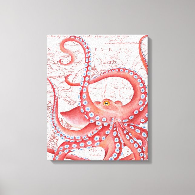 Lienzo Mapa de cosecha de pulpo rojo blanco (Anverso)