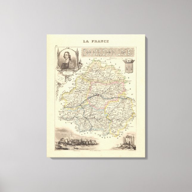 Lienzo Mapa de Dordogne 1858, Poster de Francia (Anverso)