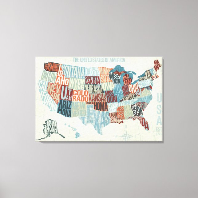 Lienzo Mapa de EE.UU. con estados en palabras (Anverso)