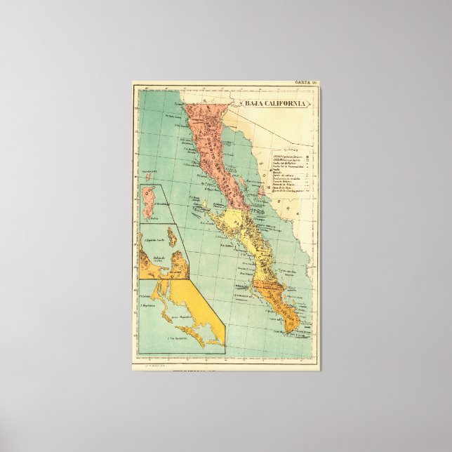 Lienzo Mapa de época de Baja California (1899) (Anverso)