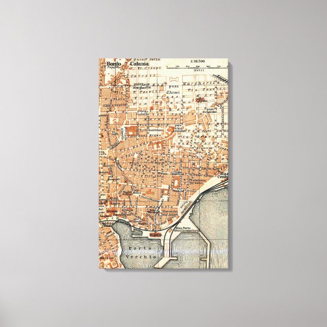 Lienzo Mapa de época de Catania Italia (1905) (Anverso)