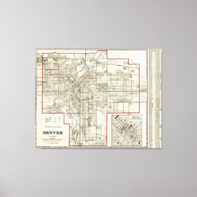 Lienzo Mapa de época de Denver Colorado (1920) (Anverso)