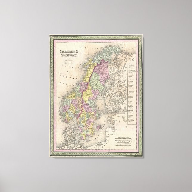 Lienzo Mapa de época de Escandinavia (1850) (Anverso)