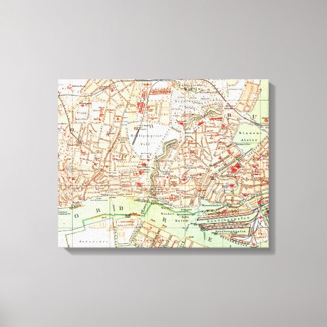 Lienzo Mapa de época de Hamburgo Alemania (1890) (Anverso)