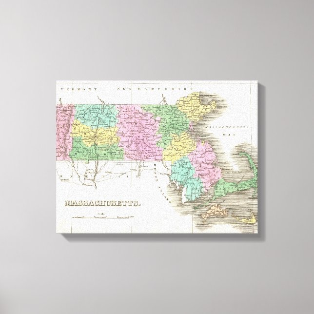 Lienzo Mapa de época de Massachusetts (1827) (Anverso)