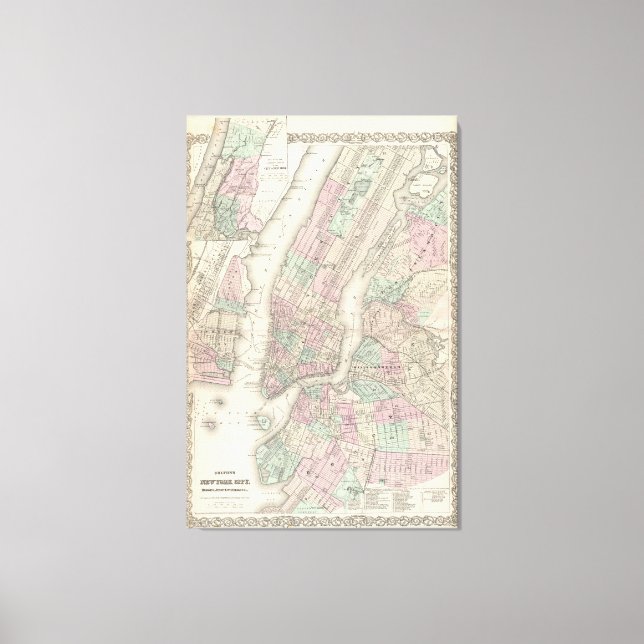 Lienzo Mapa de época de Nueva York y Brooklyn (1865) (Anverso)