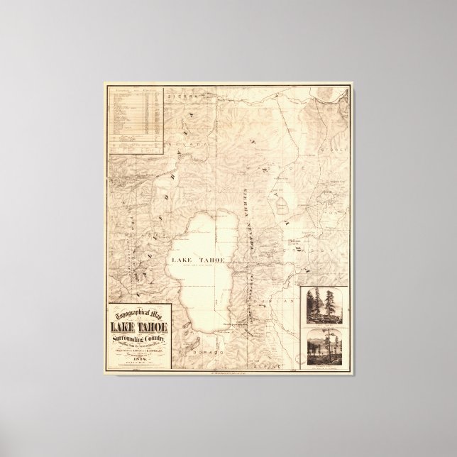 Lienzo Mapa de época del lago Tahoe Calfornia (1874) (Anverso)