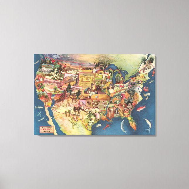 Lienzo Mapa de Estados Unidos - Agricultura y Agricultura (Anverso)