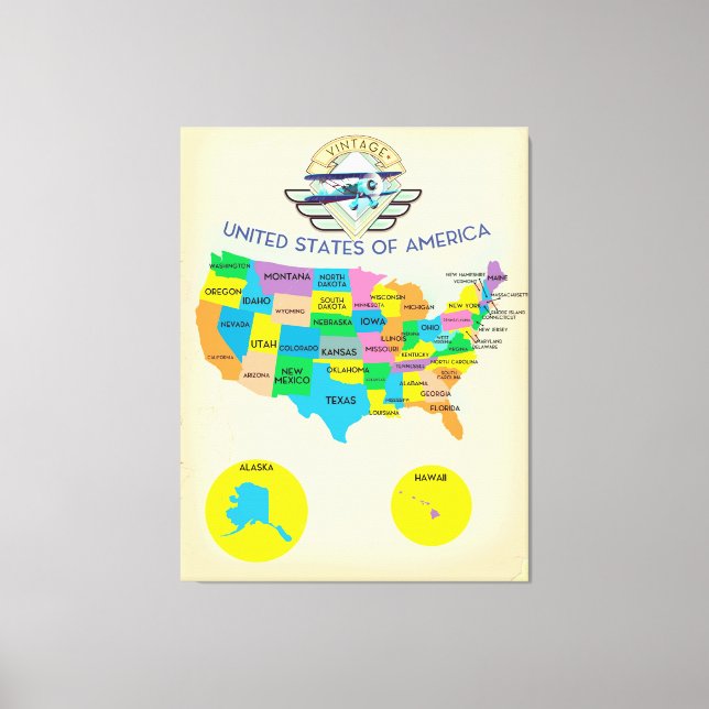 Lienzo Mapa de Estados Unidos de América al estilo vintag (Anverso)