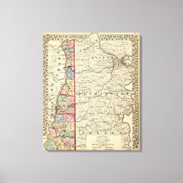 Lienzo Mapa de Hancock, Brooke, Ohio, condados Marshall (Anverso)