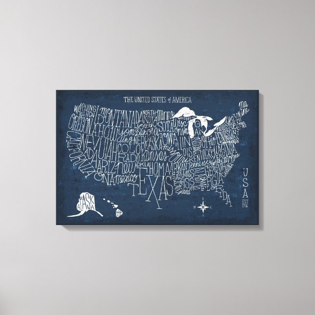 Lienzo Mapa de Hand Lettered Blue USA (Anverso)