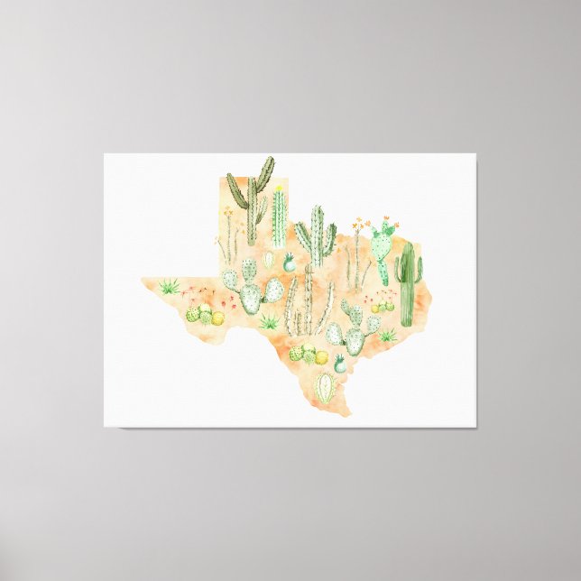 Lienzo Mapa de ilustración de acuarela de cactus de Texas (Anverso)