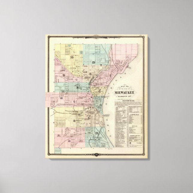 Lienzo Mapa de la ciudad de Milwaukee, Milwaukee Co. (Anverso)