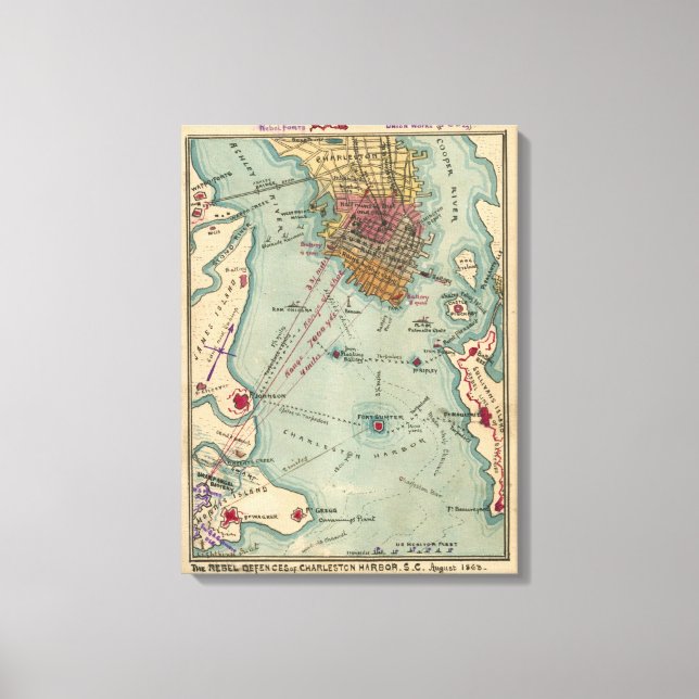 Lienzo Mapa de la Guerra Civil de la Antigua Charleston S (Anverso)