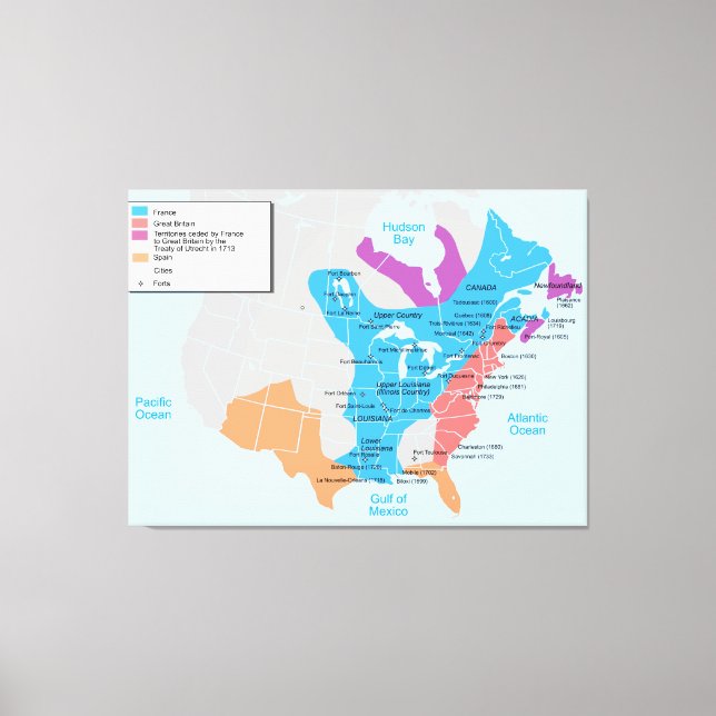 Lienzo Mapa de la Nueva Francia en 1750 (Anverso)
