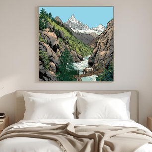 Lienzo Mapa de la región del Monte Everest, puente de yak