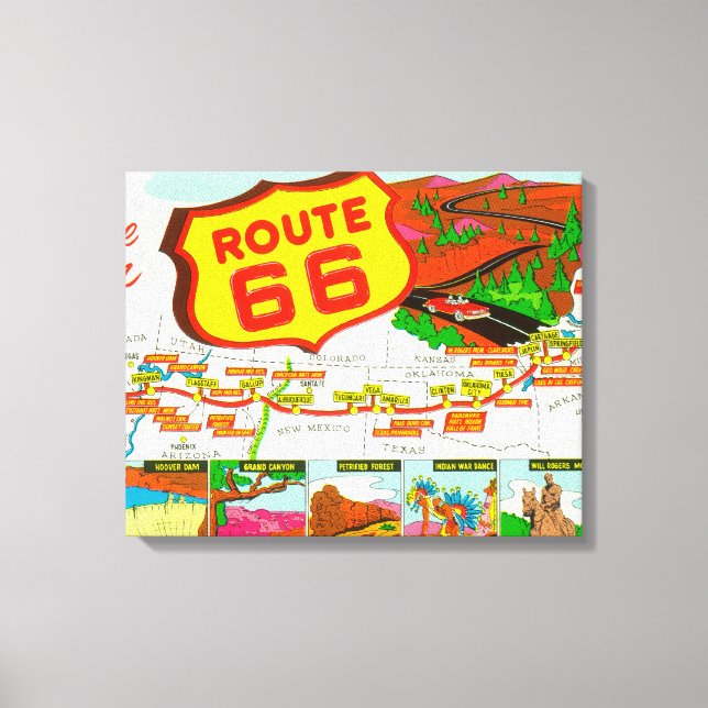 Lienzo Mapa de la Ruta 66 de Los Ángeles a Chicago (Anverso)