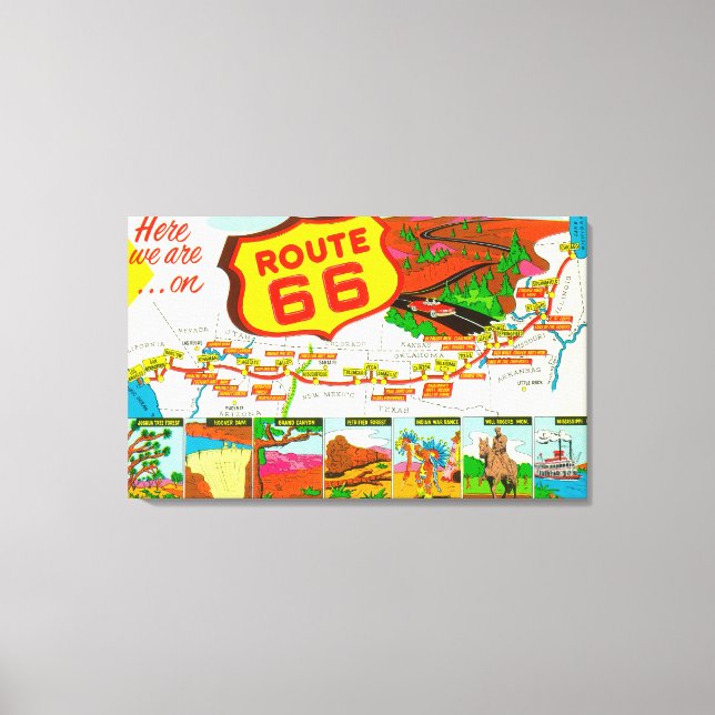 Lienzo Mapa de la Ruta 66 de Los Ángeles a Chicago (Anverso)