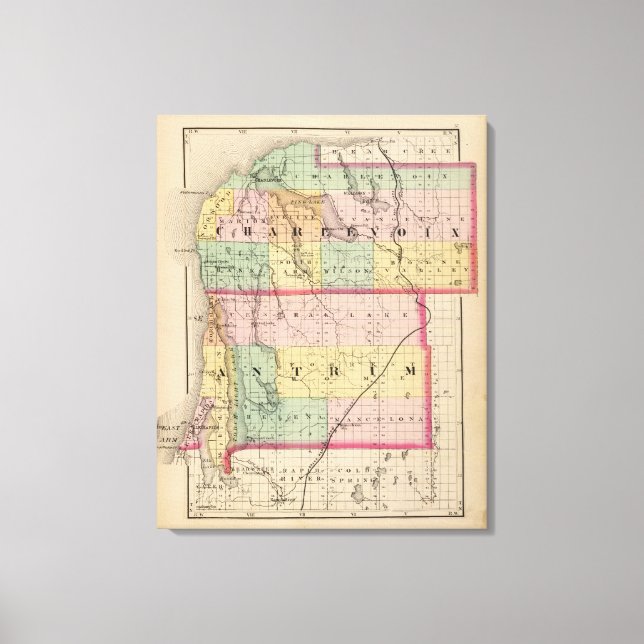 Lienzo Mapa de los condados de Charlevoix y Antrim, Michi (Anverso)