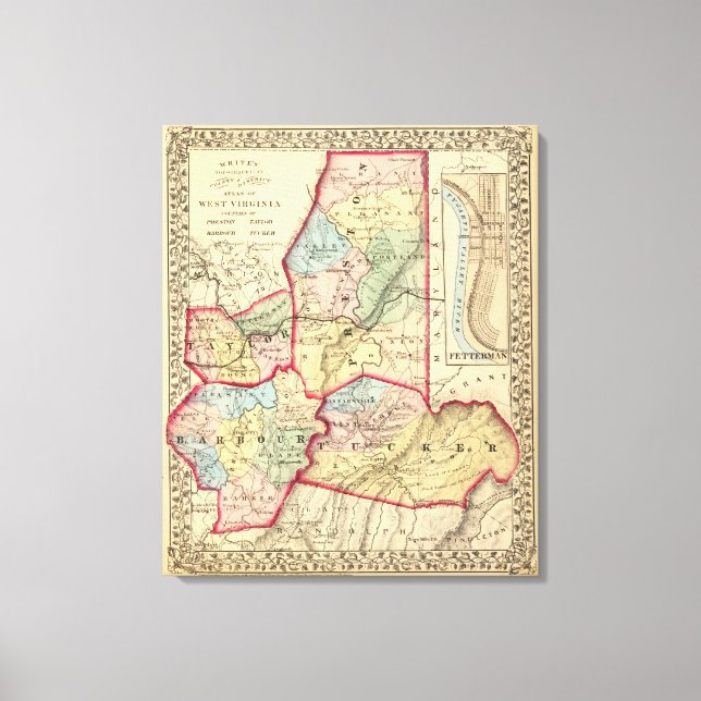 Lienzo Mapa de los condados de Preston, Taylor, Barbour y (Anverso)