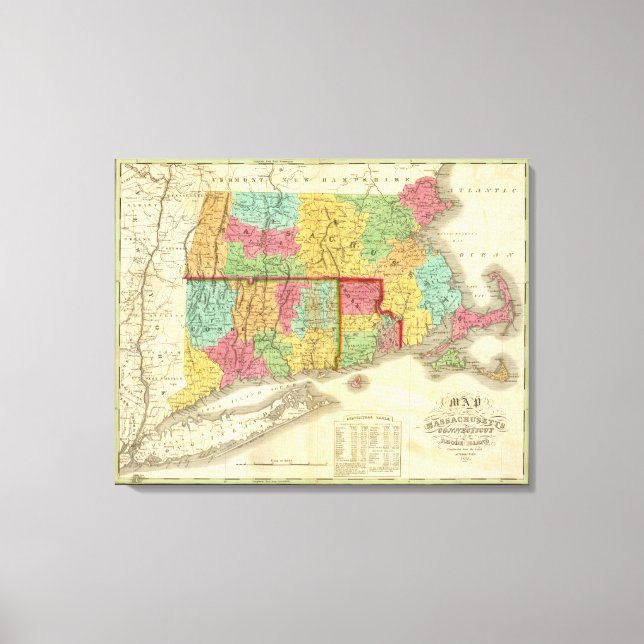 Lienzo Mapa de Massachusetts Connecticut y Rhode Island (Anverso)