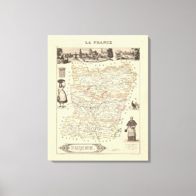 Lienzo Mapa de Mayenne, Poster de Francia, 1858 (Anverso)