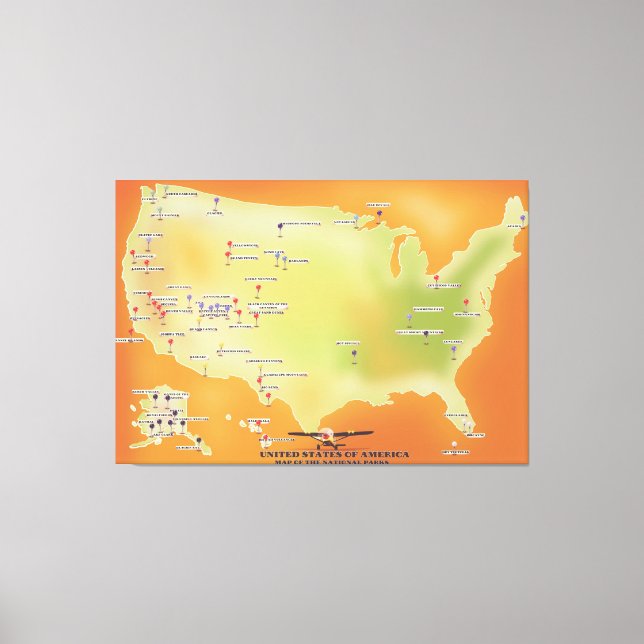 Lienzo mapa de parques nacionales de estados unidos de am (Anverso)