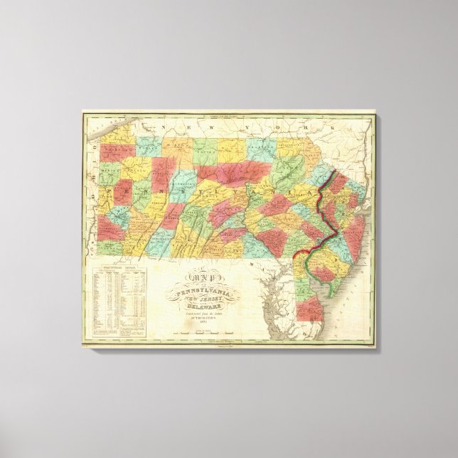 Lienzo Mapa De Pennsylvania New Jersey Y Delaware (Anverso)