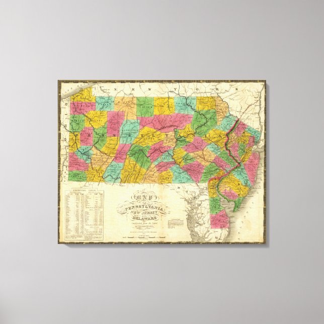 Lienzo Mapa de Pensilvania, Nueva Jersey y Delaware (Anverso)