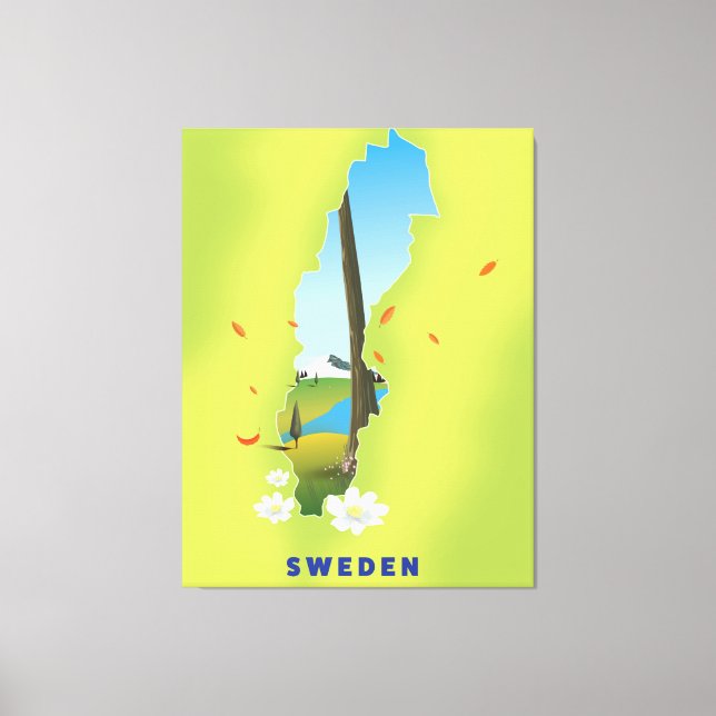 Lienzo Mapa de Suecia ilustrado afiche de viajes. (Anverso)