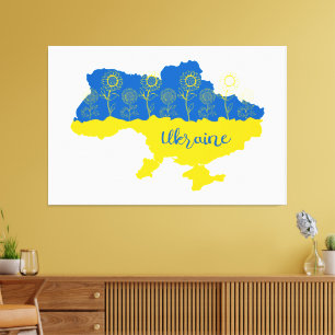 Lienzo Mapa de Ucrania con girasol y bandera ucraniana
