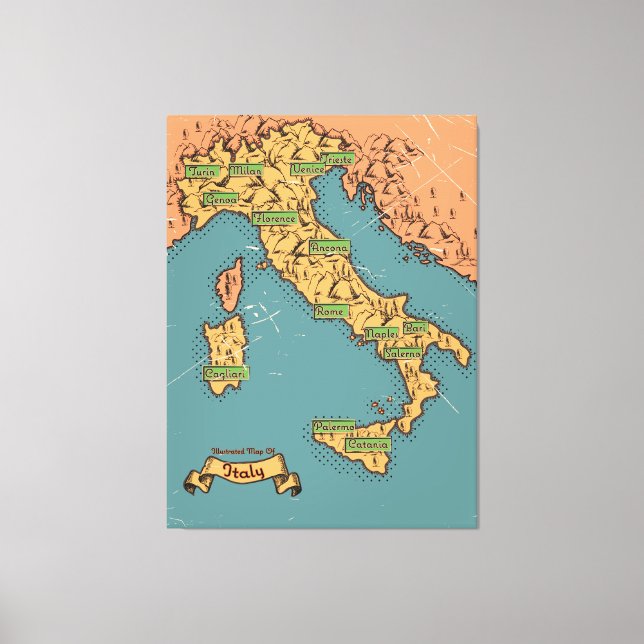 Lienzo Mapa de viaje ilustrado de Italia (Anverso)