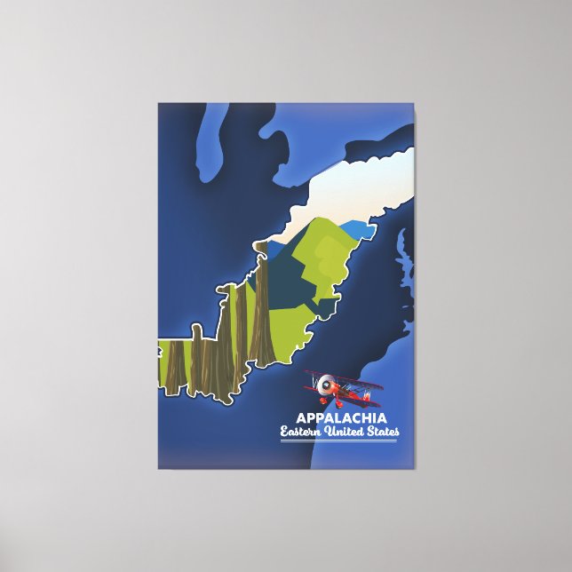 Lienzo Mapa de viajes de Appalachia Oriental de los Estad (Anverso)