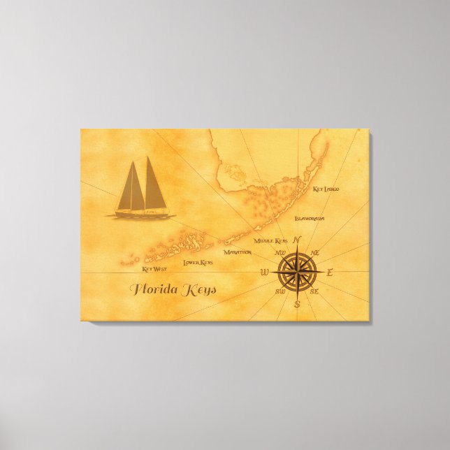 Lienzo Mapa de Vintage Nautical Florida Keys (Anverso)