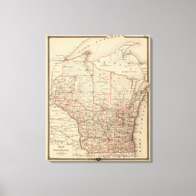 Lienzo Mapa de Wisconsin que muestra los distritos senato (Anverso)
